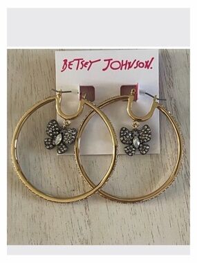 Betsey Johnson black butterfly rhinestone hoop earrings